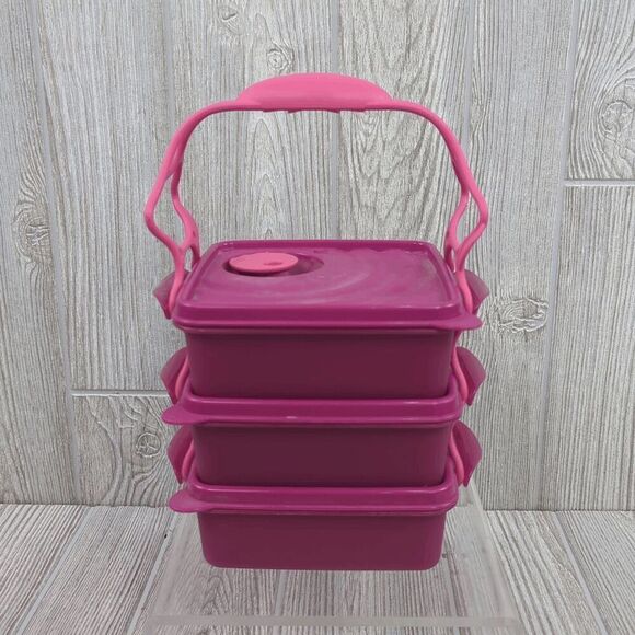 Vintage Tupperware Set of 3 Stackable Square Containers with Cariolier Pink - Picture 1 of 7